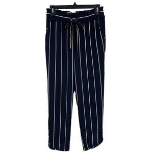 Zara Trafaluc Relaxed Tapered Leg Vertical Stripe Crop Pants Tie Waist Navy XS
